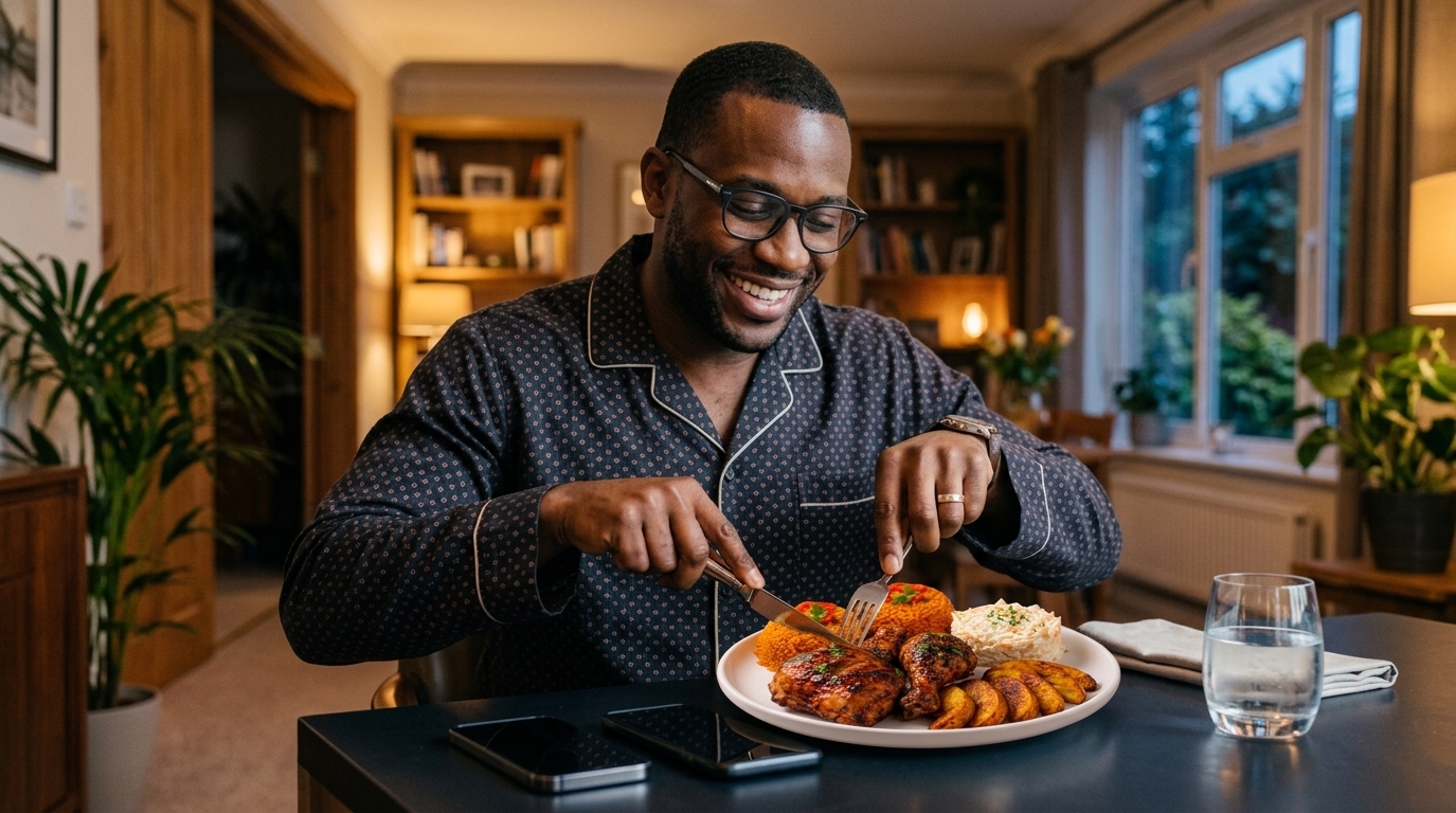 A handsome Black man in dark patterned pajamas smiles as he cuts into a plate of roasted chicken, plantains, and rice at a dining table inside a warm, modern home.