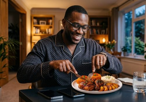 A handsome Black man in dark patterned pajamas smiles as he cuts into a plate of roasted chicken, plantains, and rice at a dining table inside a warm, modern home.