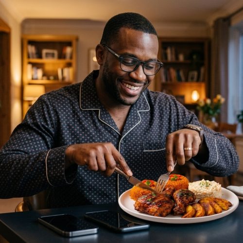 A handsome Black man in dark patterned pajamas smiles as he cuts into a plate of roasted chicken, plantains, and rice at a dining table inside a warm, modern home.