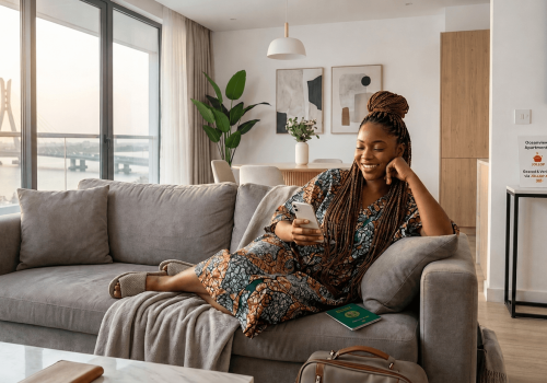 A relieved Nigerian traveler relaxing inside a clean, modern apartment in Lekki after checking in safely using the Jollof App.