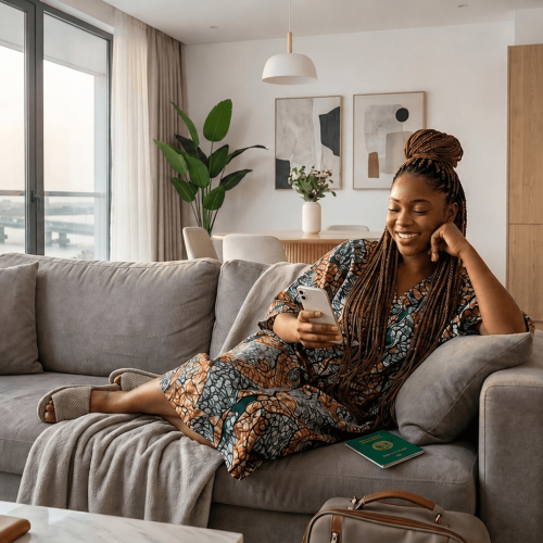 A relieved Nigerian traveler relaxing inside a clean, modern apartment in Lekki after checking in safely using the Jollof App.