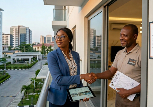 A young professional inspects a verified luxury short-let apartment in Ikoyi, Lagos to avoid local rental scams.