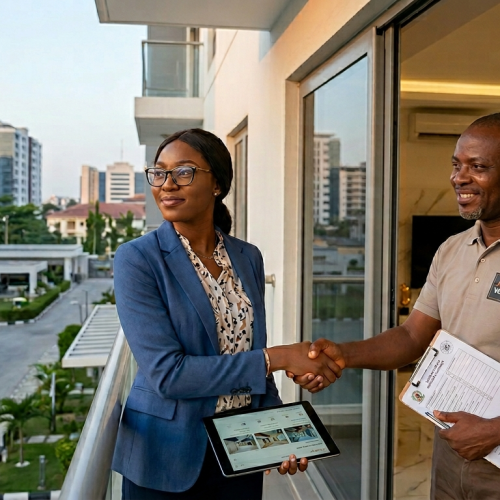 A young professional inspects a verified luxury short-let apartment in Ikoyi, Lagos to avoid local rental scams.