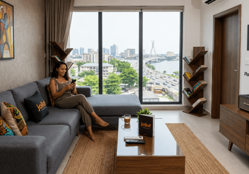 Modern living room in a short-let apartment in Lagos managed via the Jollof app.