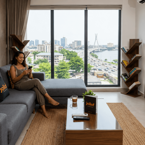 Modern living room in a short-let apartment in Lagos managed via the Jollof app.