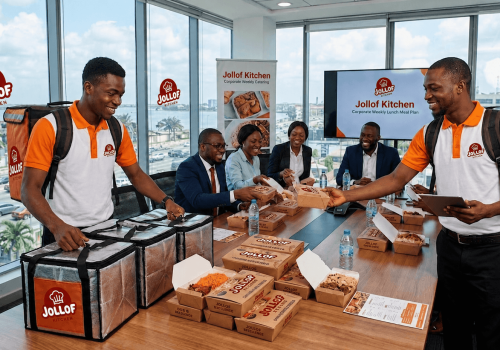 A synchronized batch of hot office lunch delivery meals arriving together for a corporate team in Lagos
