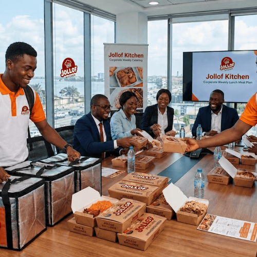 A synchronized batch of hot office lunch delivery meals arriving together for a corporate team in Lagos
