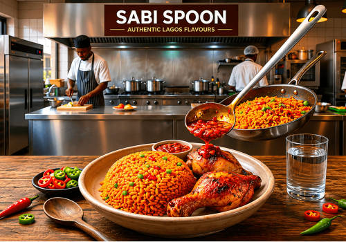 A vibrant plate of authentic, steaming-hot Jollof rice and roasted chicken being drizzled with rich pepper sauce inside a clean, professional Sabi Spoon commercial kitchen.