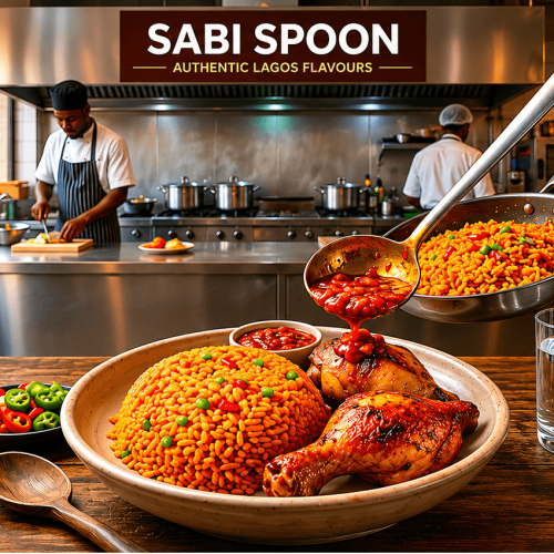 A vibrant plate of authentic, steaming-hot Jollof rice and roasted chicken being drizzled with rich pepper sauce inside a clean, professional Sabi Spoon commercial kitchen.